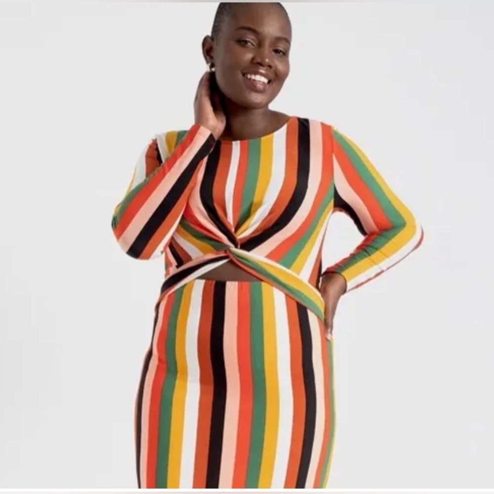 Eloquii Multicolor Long Sleeve Striped Twist Front Cutout Midi Dress Size 14 NWT